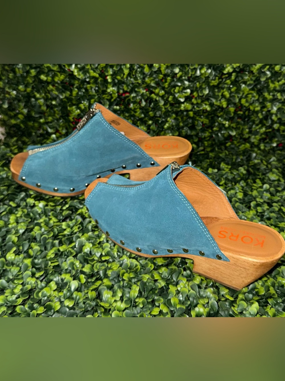 Michael Kors Teal Suede Open-Toe Zip Wedge Mule Clogs - Picture 4 of 7